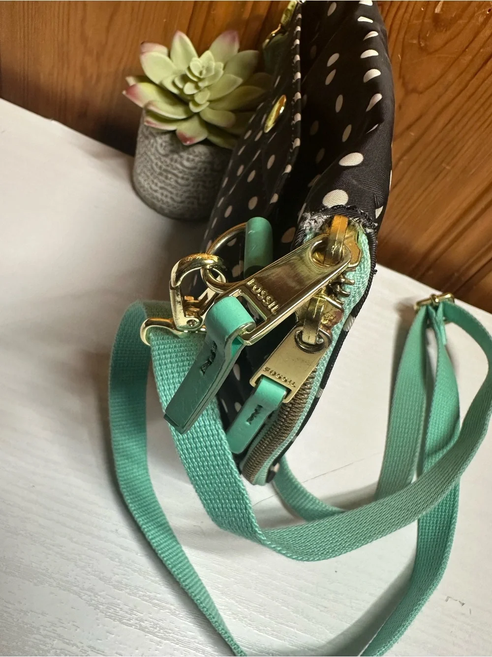Fossil Black and Mint Polka Dot Crossbody Bag